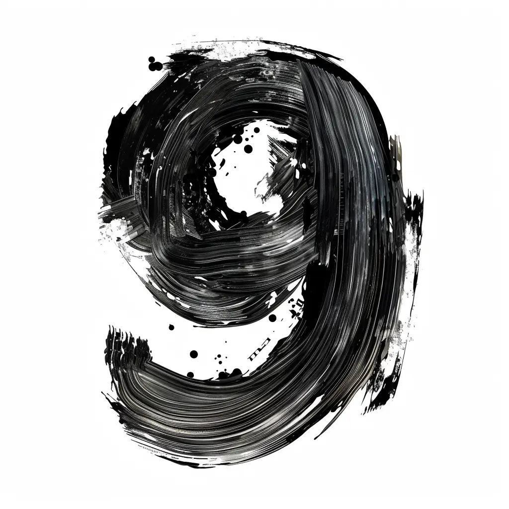 number 9 brush ink black and white letter art font stroke