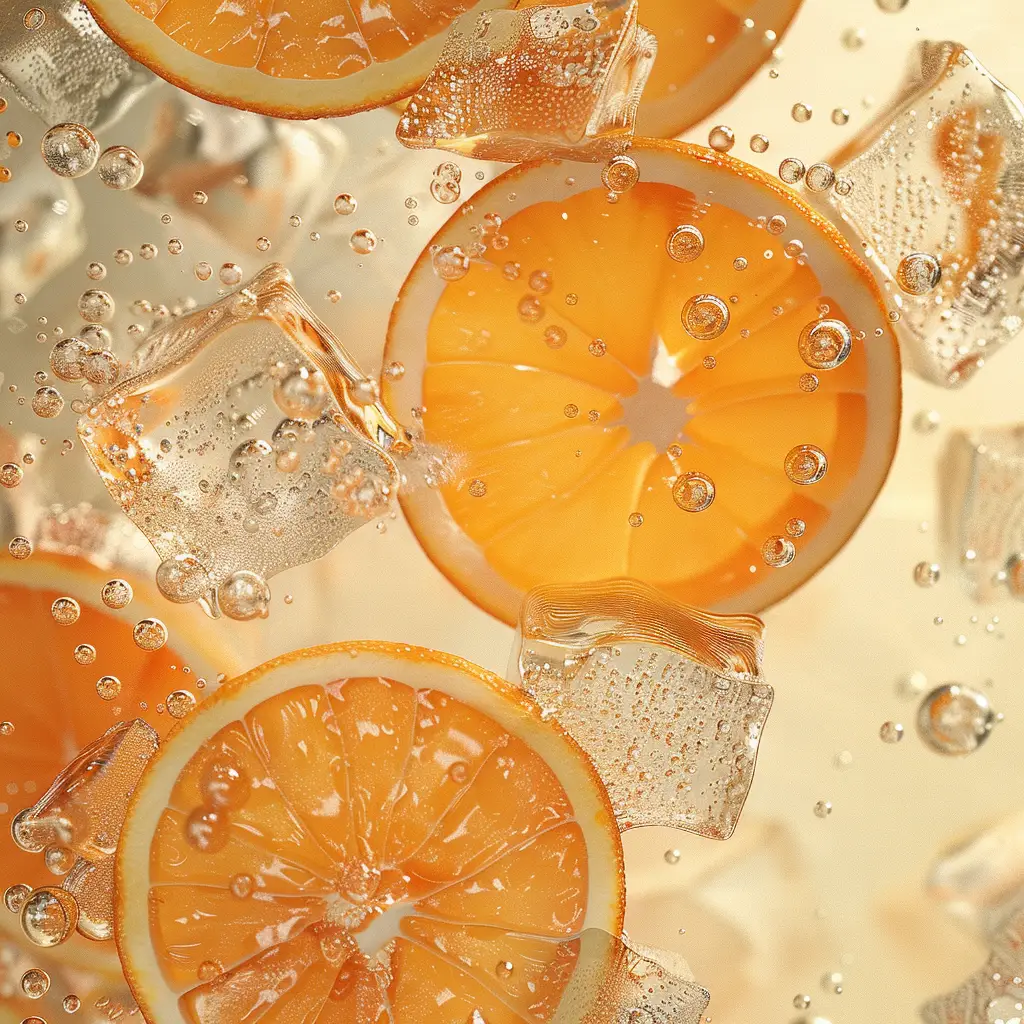 orange slice bubble sparkling water ice cube photography