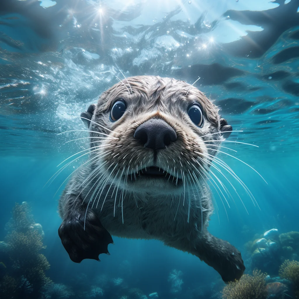 otter beaver underwater sea blue light swim diving photography