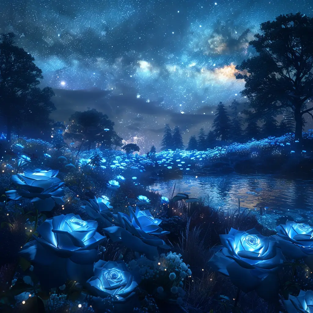 rose surreal sky moonlight starlight tree star galaxy blue night dream river virtual
