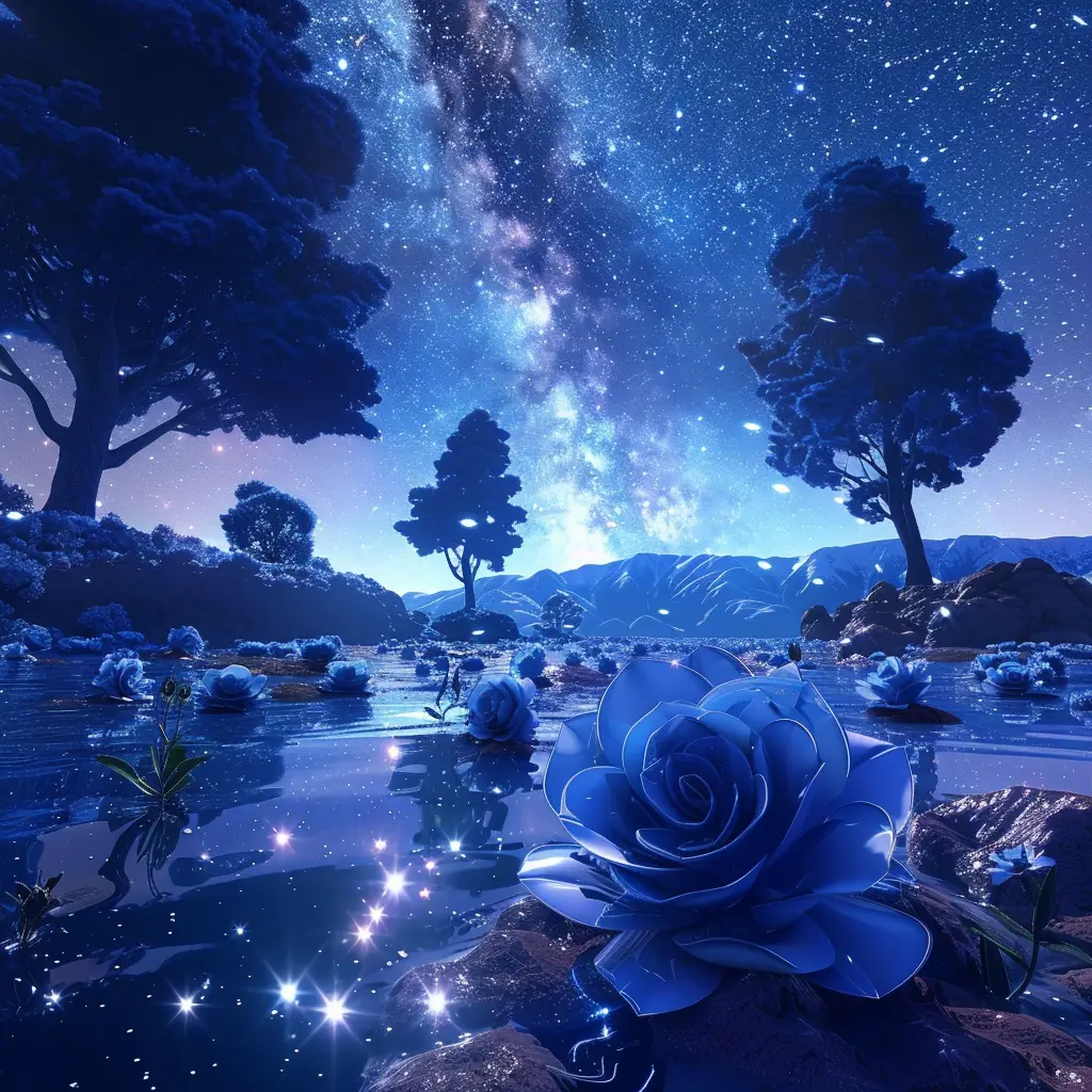 rose surreal sky moonlight starlight tree star galaxy blue night river dream virtual