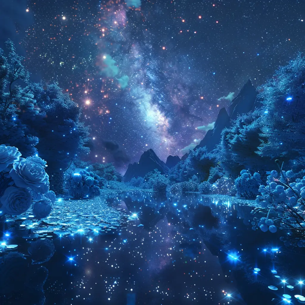 rose surreal sky moonlight starlight tree star galaxy blue night river virtual dream