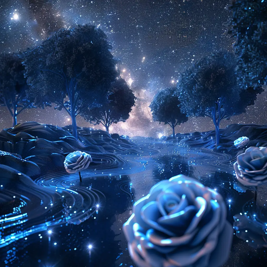 rose surreal sky moonlight starlight tree star river dream galaxy blue night virtual