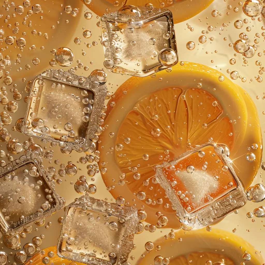 sparkling water orange slice ice cube bubble photography