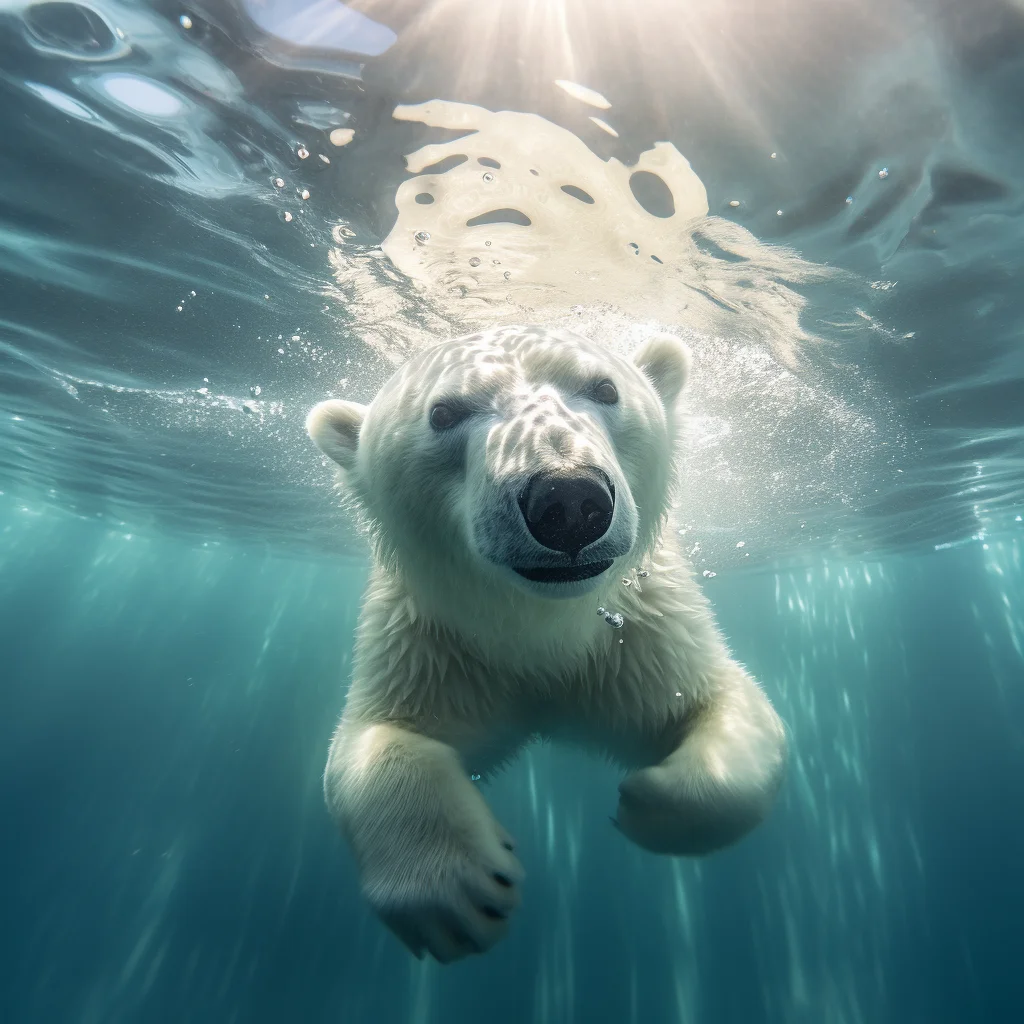 white polar bear underwater sea light diving swim photography