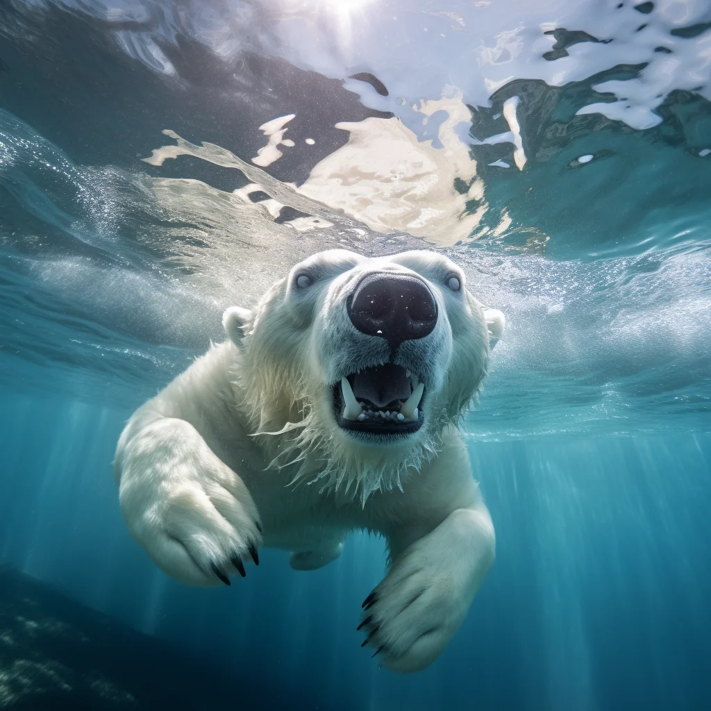 white polar bear underwater sea swim diving light photography