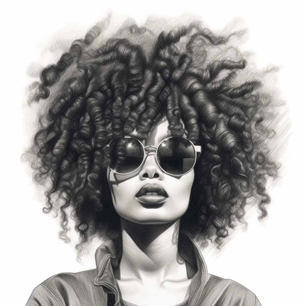 woman lady female sunglasses curly hair head pencil drawing sketch black and white