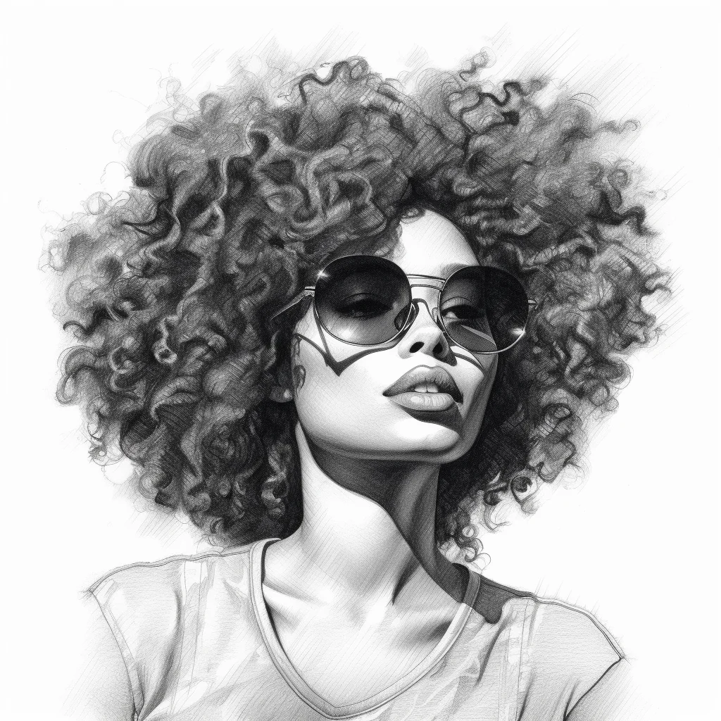 woman lady female sunglasses curly hair head sketch pencil drawing black and white