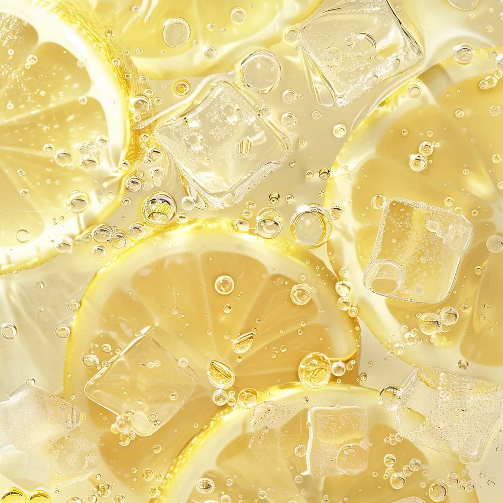 yellow lemon slice bubble ice cube sparkling water photography