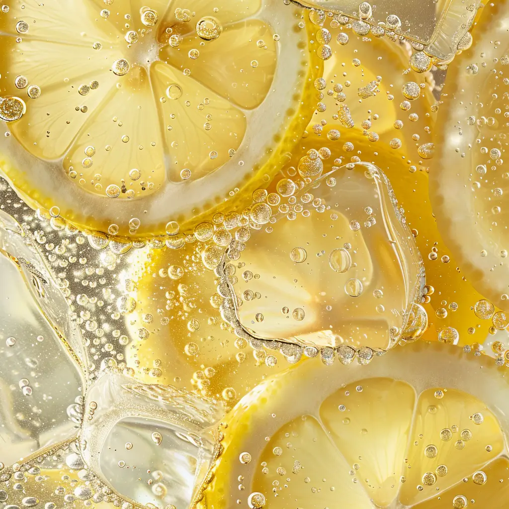 yellow lemon slice ice cube sparkling water bubble photography
