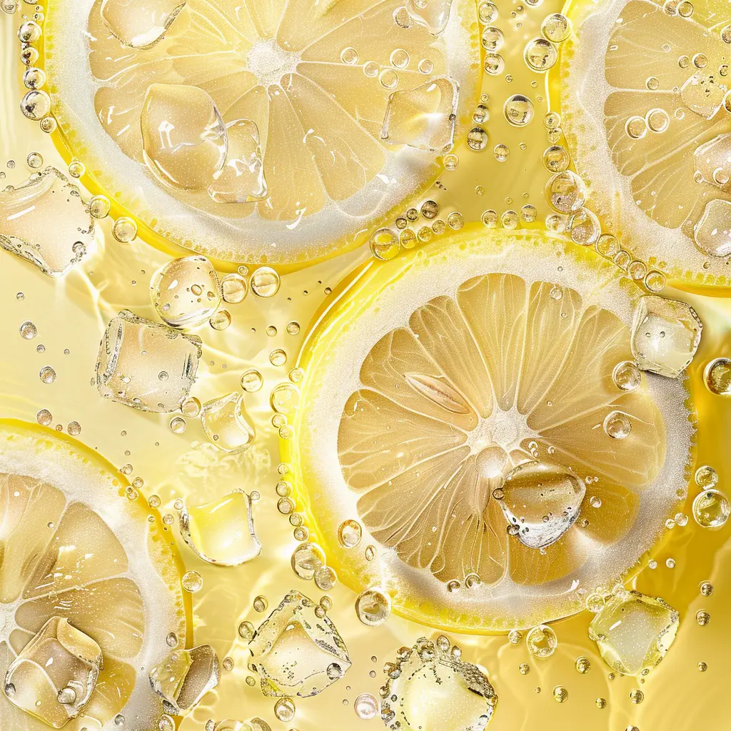 yellow lemon slice sparkling water ice cube bubble photography