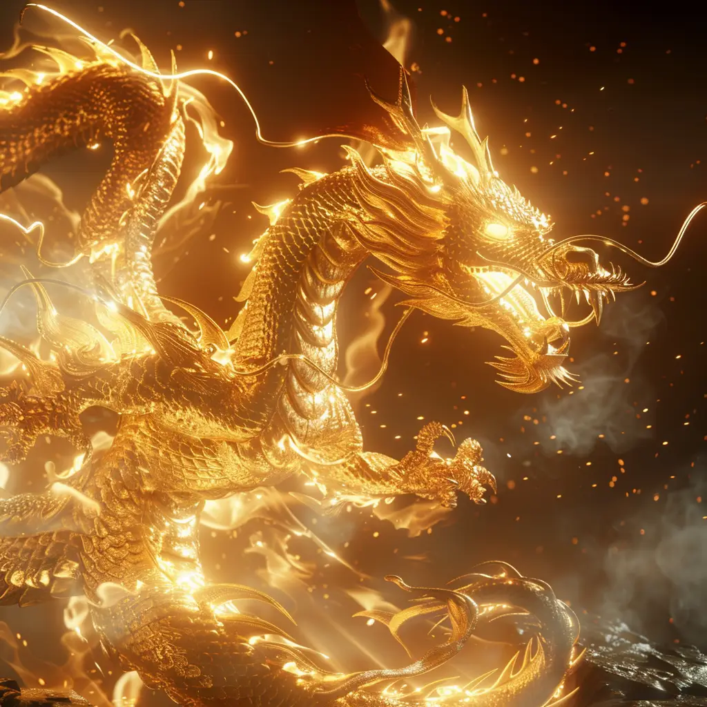 Chinese dragon fire lighting gold 3D golden CG