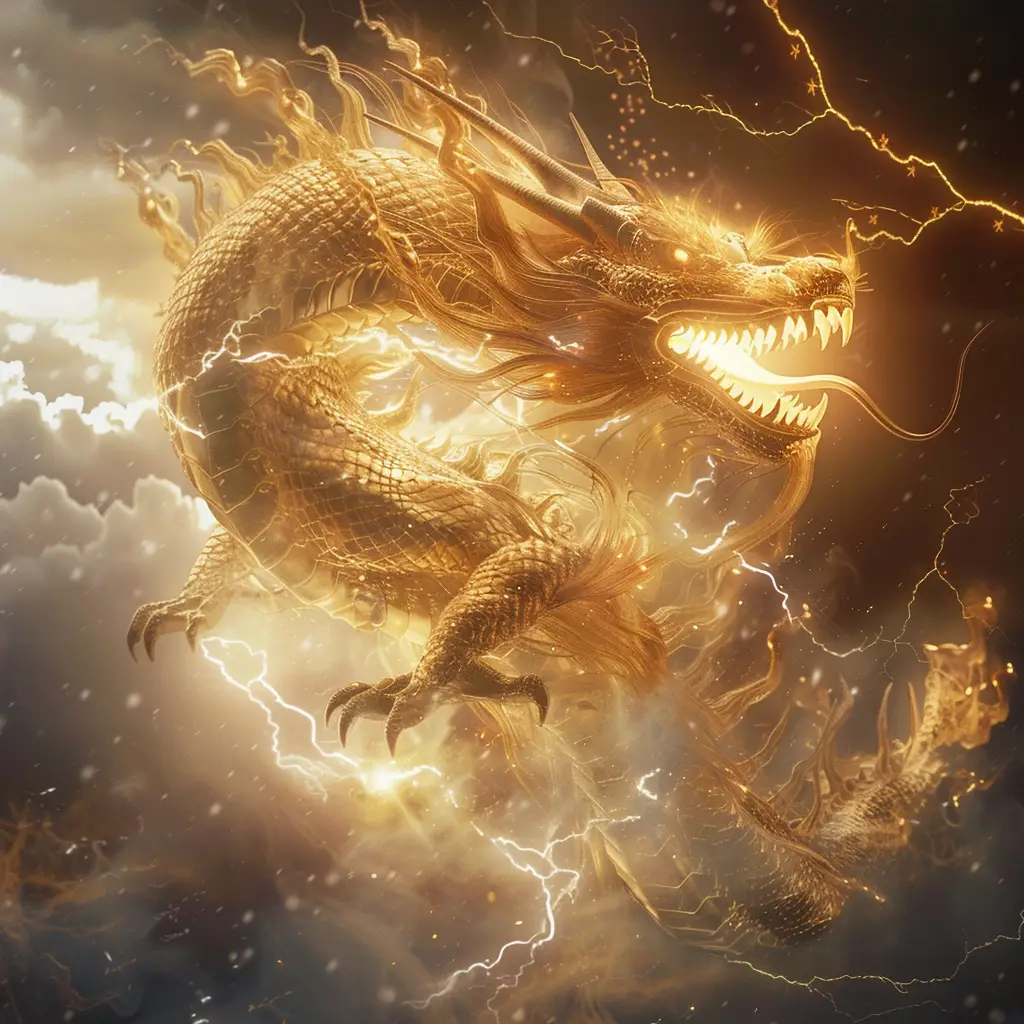 Chinese dragon fire lighting gold golden 3D CG