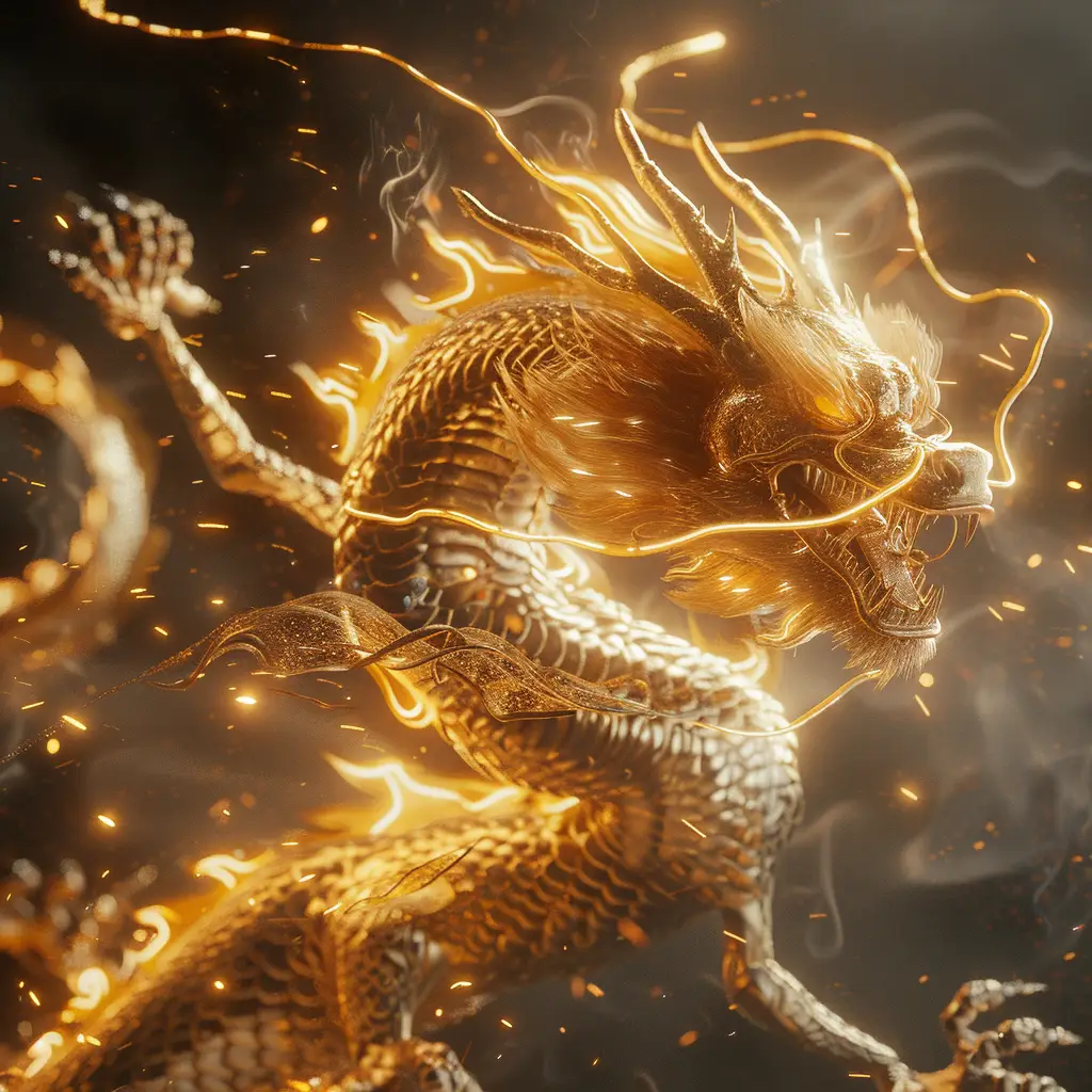 Chinese dragon fire lighting golden gold 3D CG