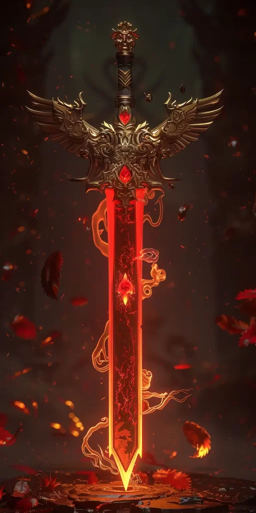 Chinese sword 3D game red flame CG lighting dark