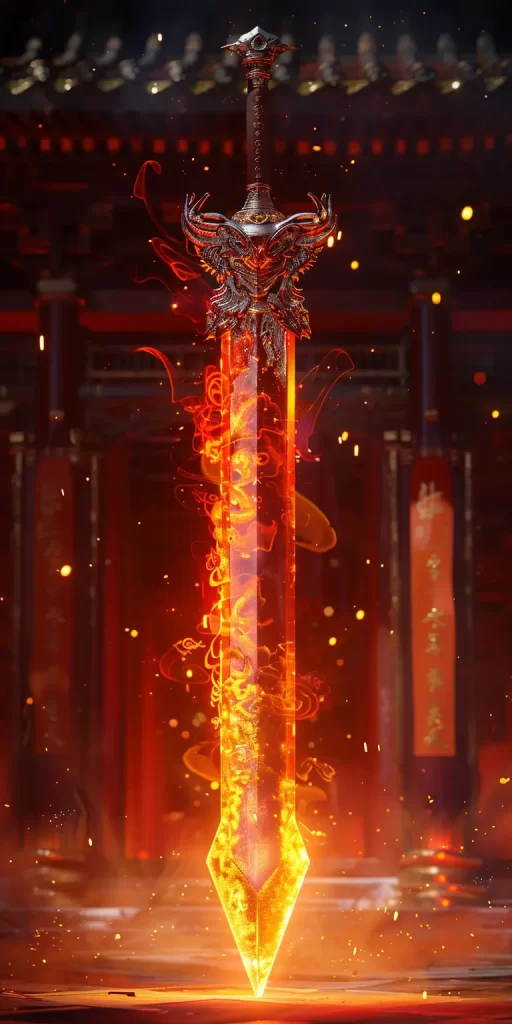 Chinese sword 3D game red flame lighting dark CG