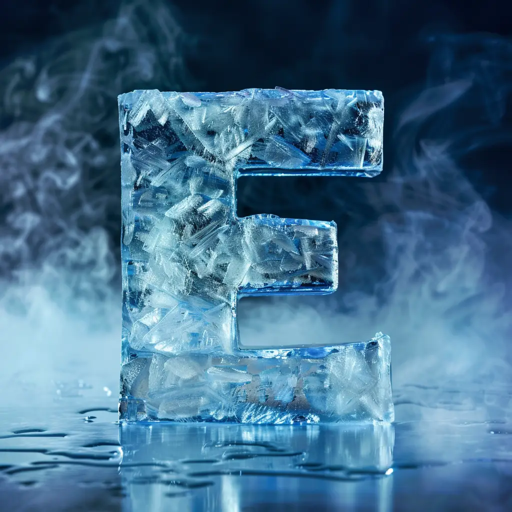 E letter cold ice block 3D text word freeze