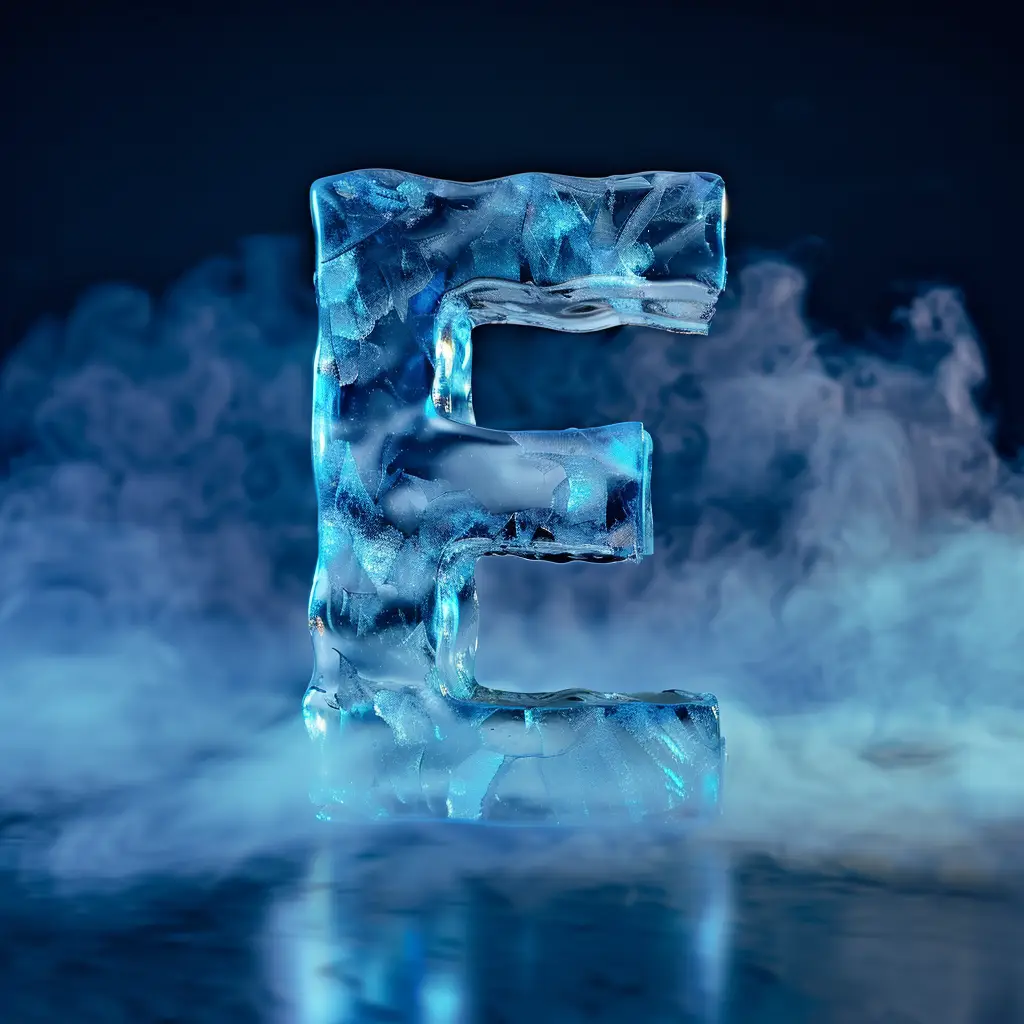 E letter cold ice block text word freeze 3D