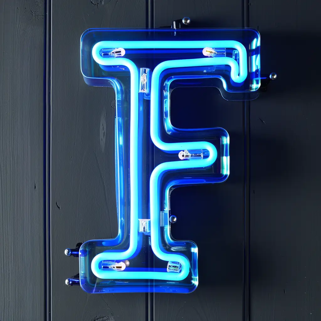 F letter blue LED light neon text word