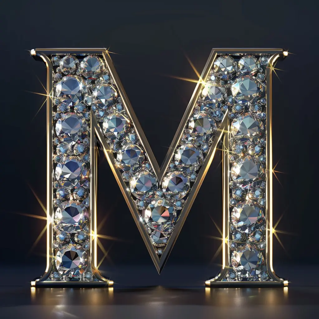 M letter word text type diamond gold 3D