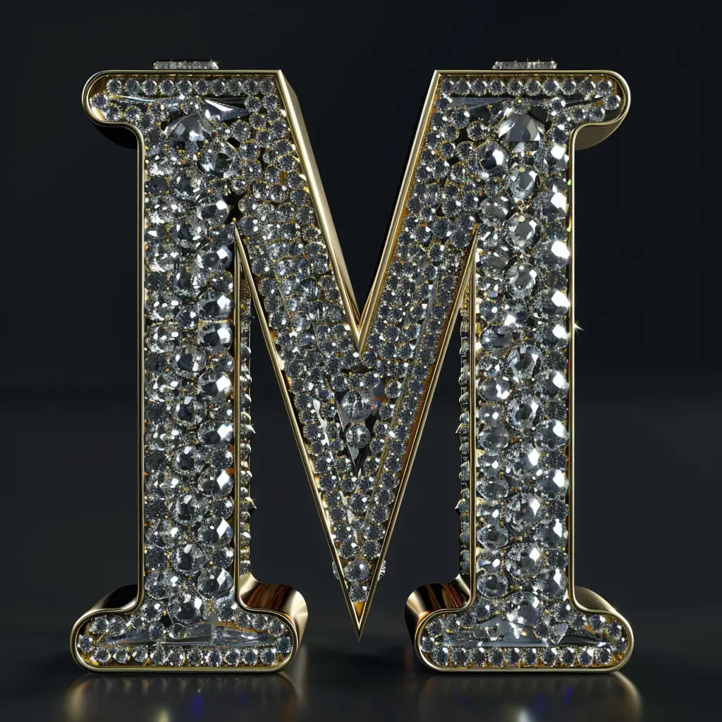 M letter word type text 3D diamond gold