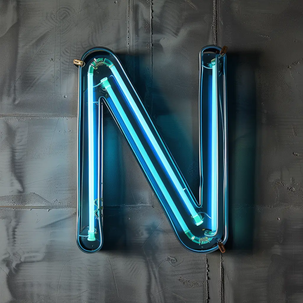 N letter blue LED light neon text word