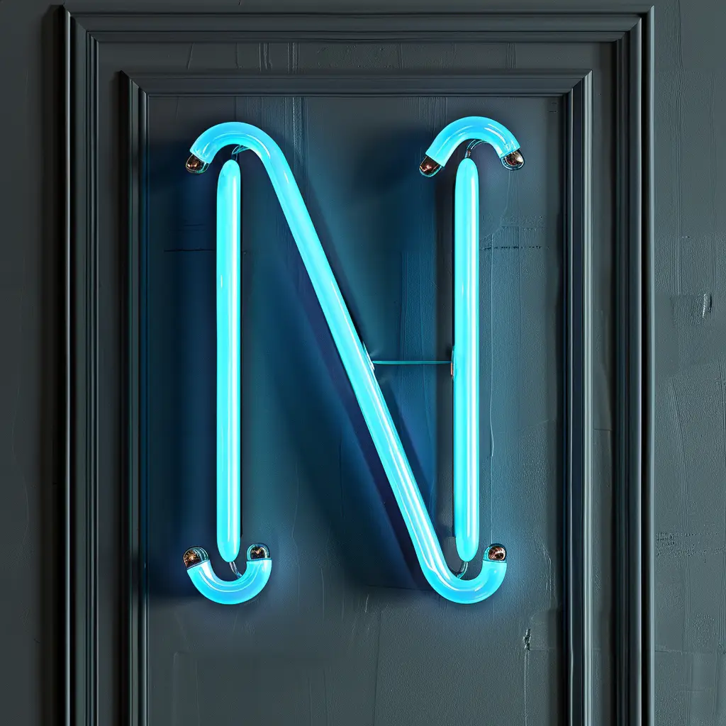 N letter blue LED neon light text word