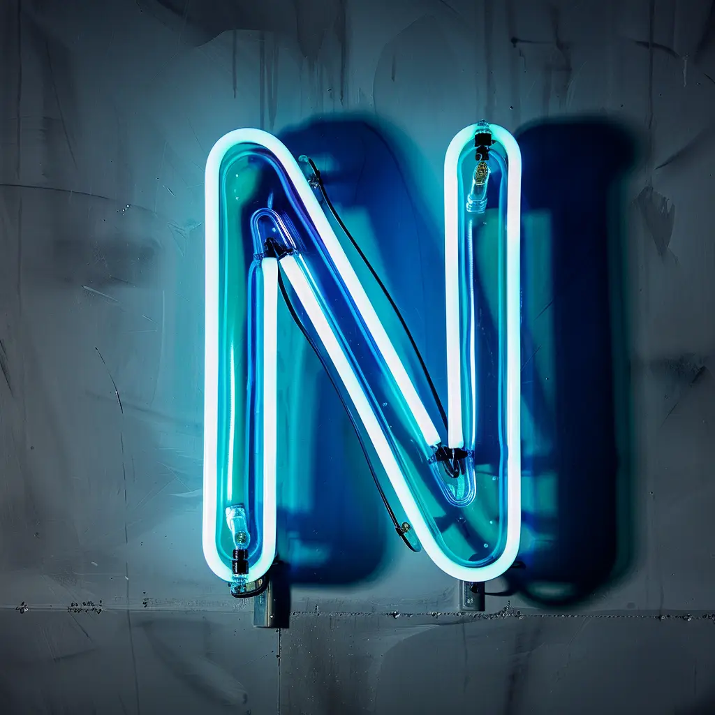 N letter blue LED neon light word text