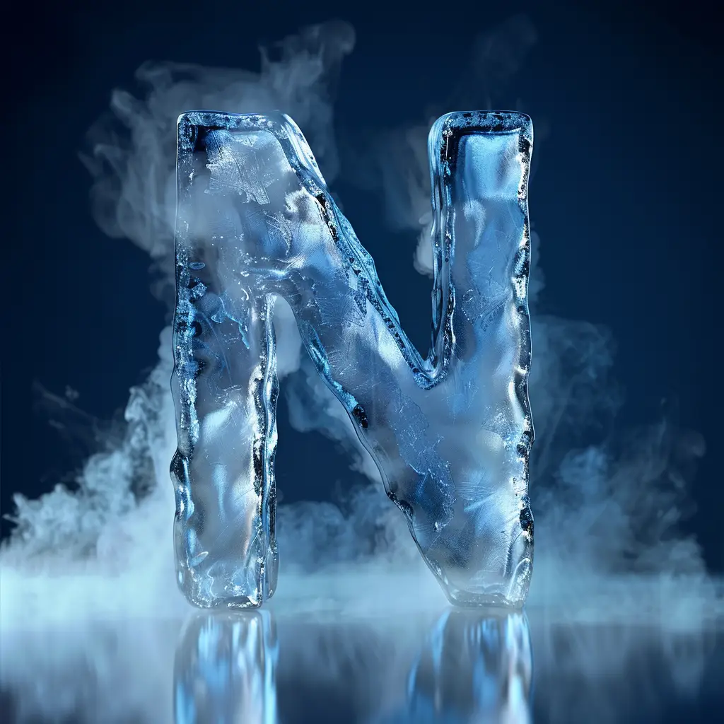 N letter cold ice block text word 3D freeze