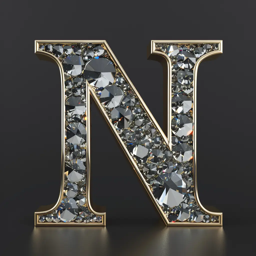 N letter word text type 3D diamond gold