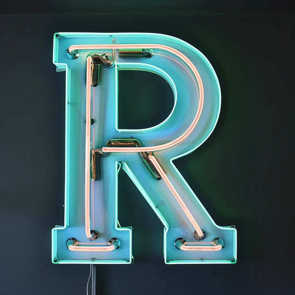 R letter cyan LED light neon text word