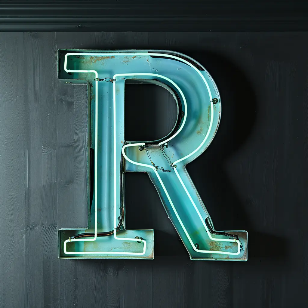 R letter cyan LED neon light text word