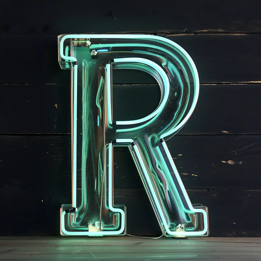 R letter cyan LED neon light word text