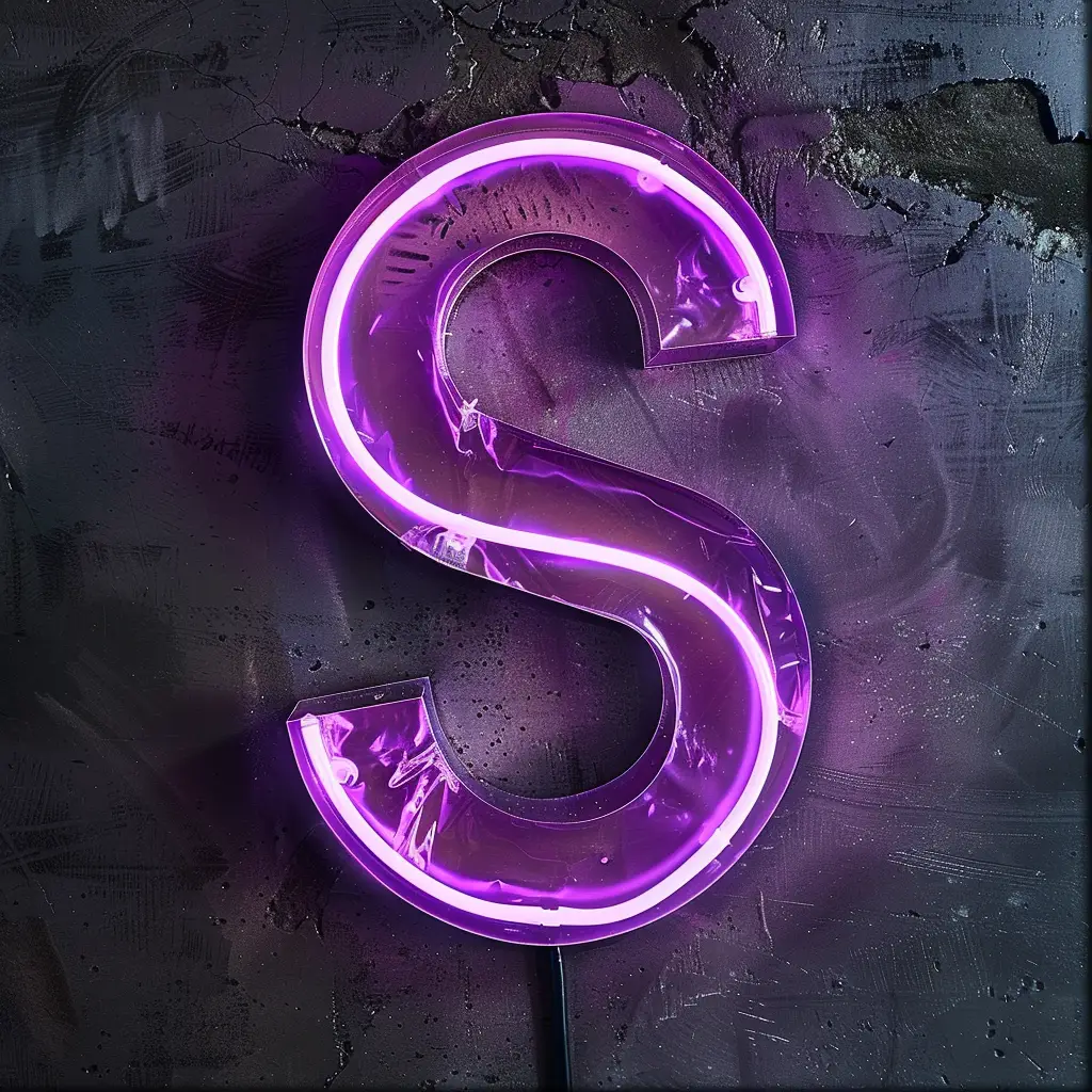 S letter purple LED neon light text word