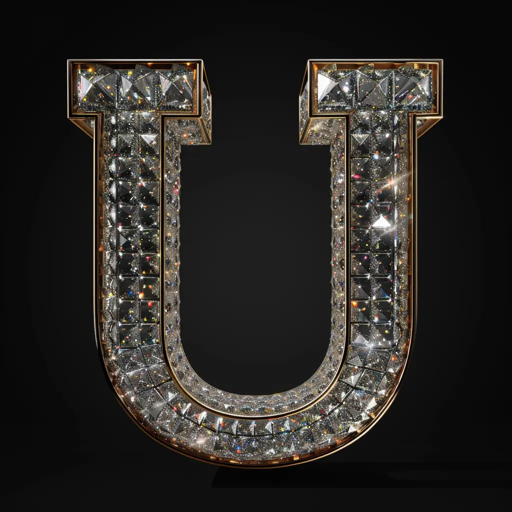 U letter word text type 3D diamond gold