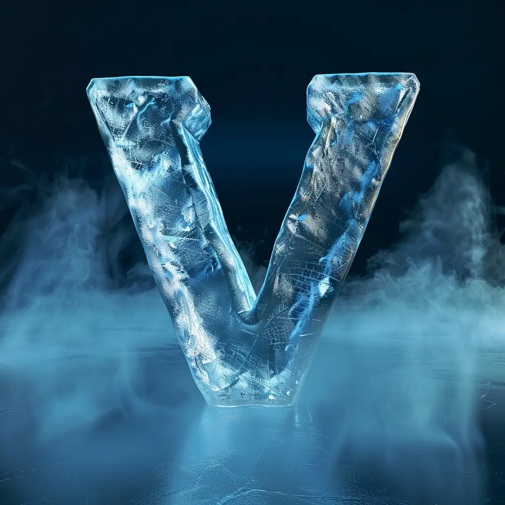 V letter cold ice block 3D text word freeze