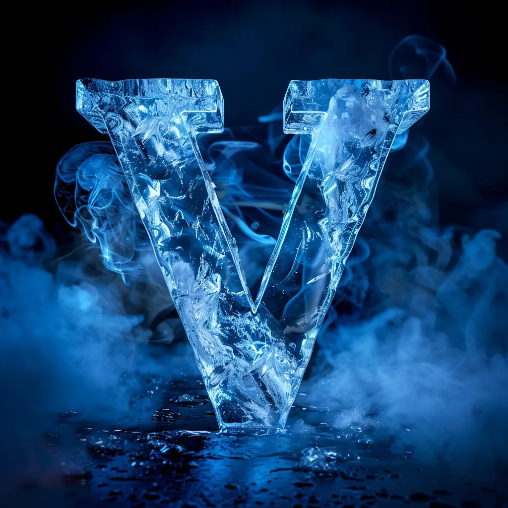 V letter cold ice block text word 3D freeze
