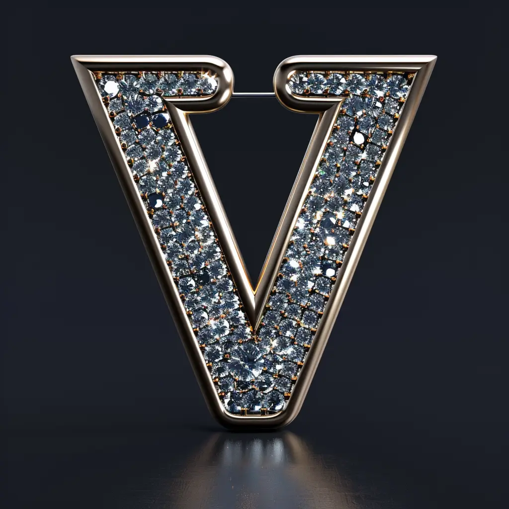 V letter word text type 3D diamond gold