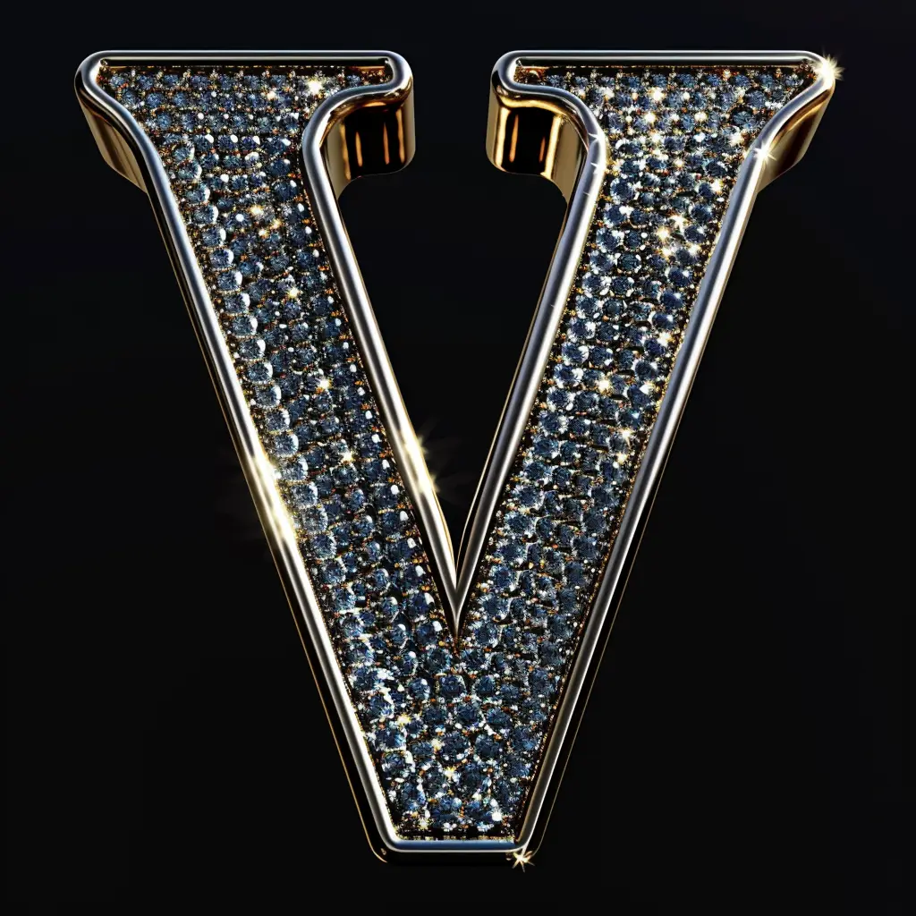 V letter word text type diamond gold 3D