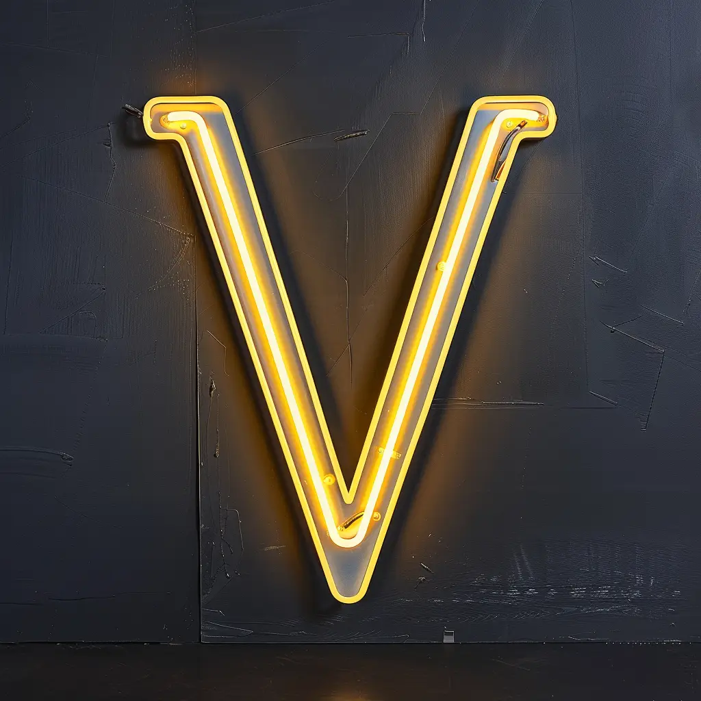 V letter yellow LED light neon word text