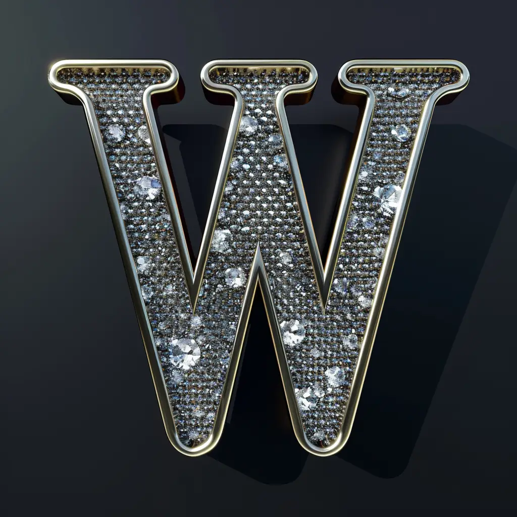 W letter word text type 3D diamond gold