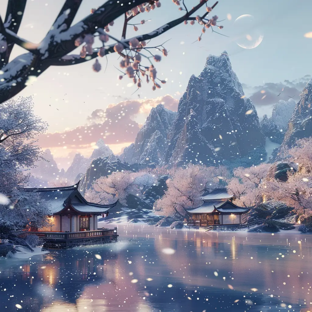 ancient China mountain river CG house landscape tree