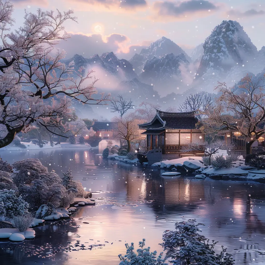 ancient China mountain river CG house tree landscape