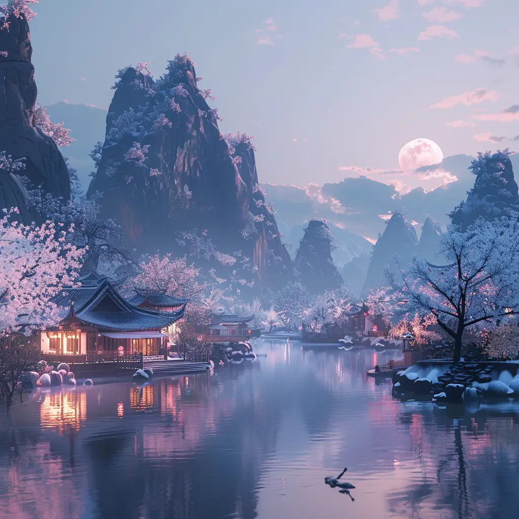 ancient China mountain river CG landscape house tree