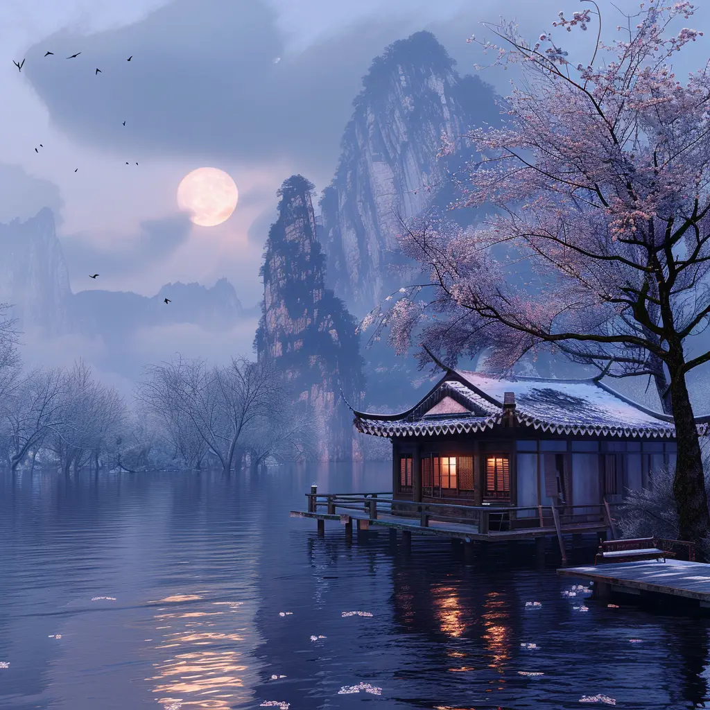 ancient China mountain river landscape CG house tree