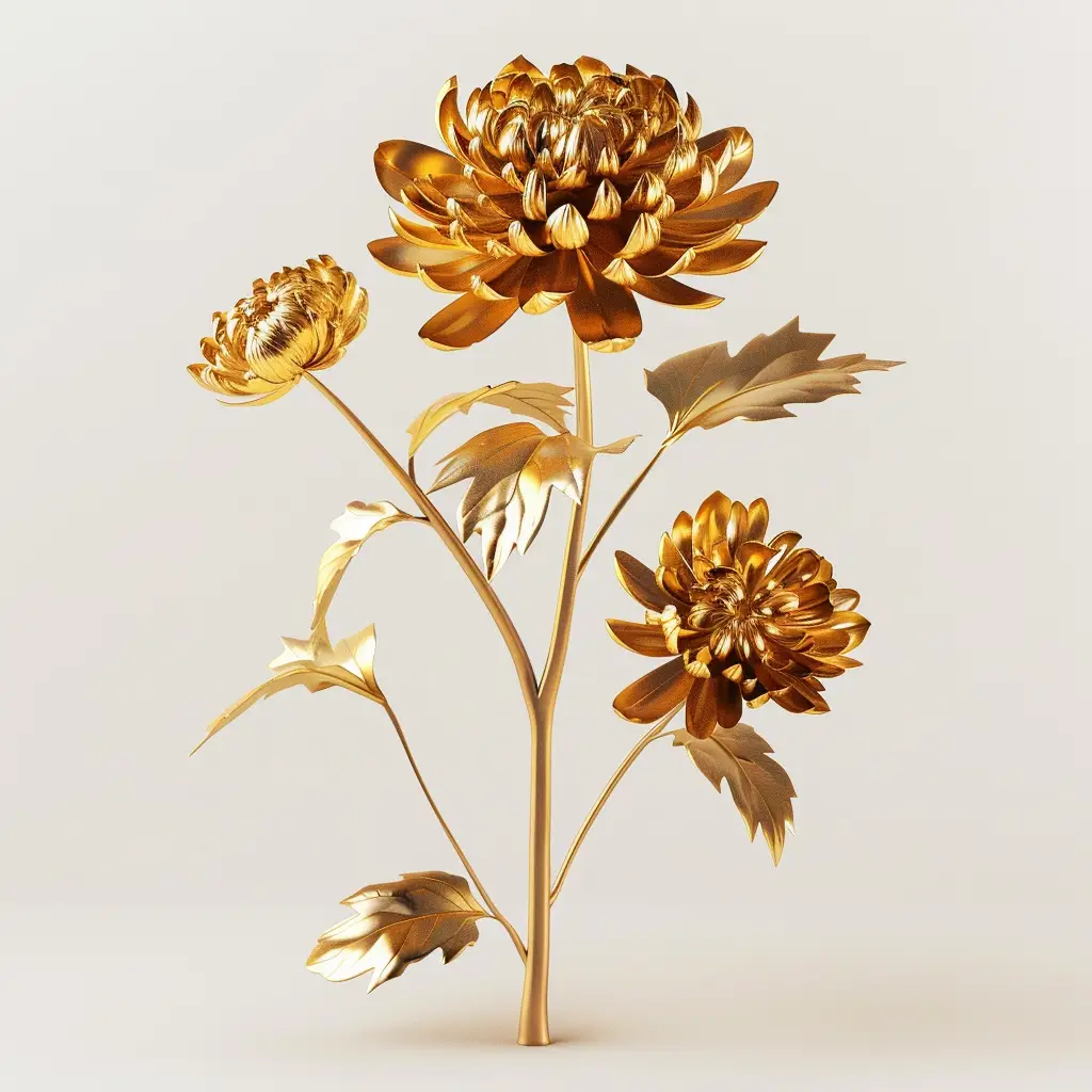 chrysanthemum gold golden metal flower leaves leaf 3D