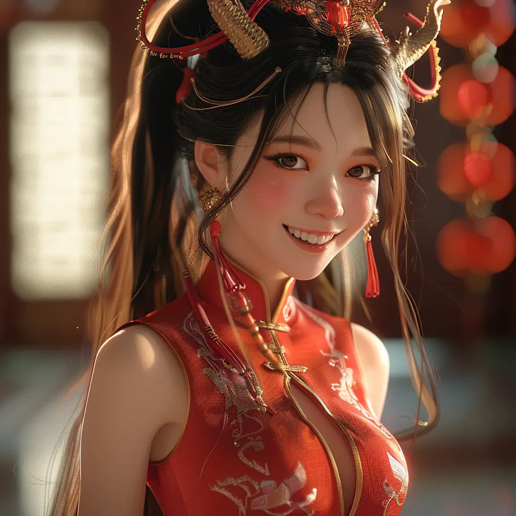 cute girl Chinese dragon horn smile happily