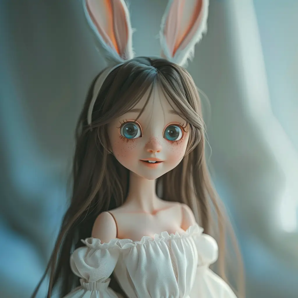 cute girl woman doll rabbit ear smile happily