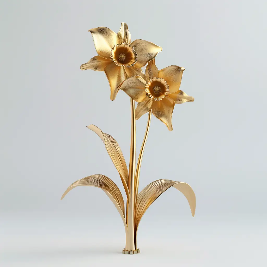 daffodil gold golden metal flower leaves leaf 3D