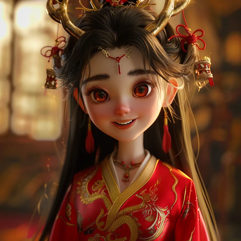 doll girl red Chinese dragon horn smile happily cute